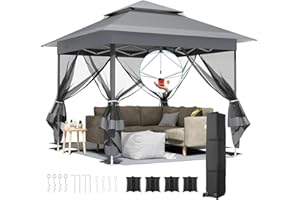 LIFERUN Carpa Plegable 3,3 x 3,3 m con 4 Paneles Laterales de mosquitera, One Push Carpas para Exteriores, Cenador Pabellón de Jardín con 4 PCS Sacos de Arena, Camping/Mercado/Fiestas/Playa (Gris Oscuro)