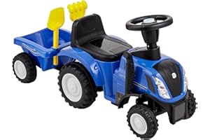 Baroni Toys Trattore Ride-On con Rimorchio per Bambini dai 12 a 36 mesi, Trattore con Clacson ad Aria, Volante Sterzante, Suoni e Fari Funzionanti, Paletta e Rastrello Inclusi, 29x91x44 cm, Blu