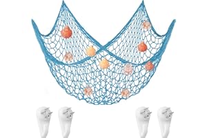 Aolso Red de Pesca,Redes de Pesca Decorativas, 200 x 100cm Estilo de Mediterránea,Decoración Marítima,Colgante de Pared para el Hogar, Fiesta Decoración Fotográfica Pared Decoración-concha azul