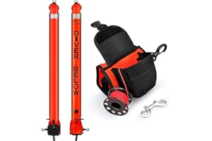 OWEKFIFV Surface Marker Buoy and Dive Spool Set, 5ft High Visibility Open Bottom Delayed SMB with Reel Storage Bag + 100ft Diving Spool Reel and Clip