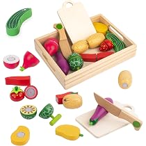 MULEVIP Frutas Y Verduras De Madera Juguete – Set De 16 Piezas Con Velcro, Cuchillo Y Tabla De Cortar, Para Cocinita Infantil (3+ Años)