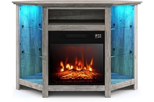 COSTWAY Electric Fireplace Insert TV Stand, Corner Entertainment Center with 16 Color LED Lights, 3-level Flame Fireplace Heater, Remote & Smart APP Control, TV Console for TVs up to 50" (Gray)