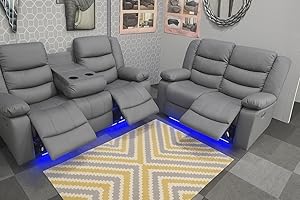 GENERIC Madrid Leather Electric Recliner Sofa With Cupholders - Leather Sofa - 3+2 Seater - USB Charging Ports - LED Lights (Grey, 3+2 Seater)