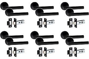 Golden Grace Straight T-Bar Design Door Handles on Round Rose with 2.5" Tubular Latch in Matt Black Finish, 6 Pairs - 52mm Diameter