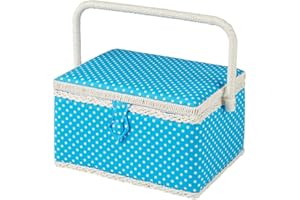 Sewing Online Medium Sewing Box,Aqua Blue Polka Dot Fabric | 26 x 19 x 15cm | Storage and Organiser Basket with Compartments for Sewing Supplies,Accessories,Thread,Needles,and Scissors - FM-004