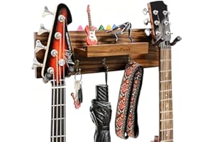 HILERPUNK Support mural pour guitare,support mural pour guitare en bois massif avec 3 crochets de rangement et 2 crochets rotatifs en caoutchouc,support pour guitare,avec étagère et support pour médiator.