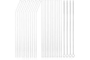FHISKUNYU Paille en verre réutilisable - 16 pièces, 6 droites et 6 courbées de 21,5 cm avec 4 brosses de nettoyage - Idéale pour cocktails, smoothies, thés glacés