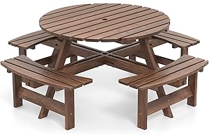GIANTEX Salon de Jardin 8 Personnes en Bois de Sapin, Table de Jardin Extérieure avec Chaises, Trou de Parasol, pour Partio, Cour, Terrasse, Pique-Nique, 178 x 70 cm (Marron,179 x 179 x 70 cm)