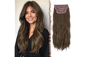 FESHFEN Extensiones de Cabello para Mujer - 4 Piezas 50 cm Largo Ondulado Rizado Natural Sintética Extensiones de Clip de Pelo, Marrón Castaño