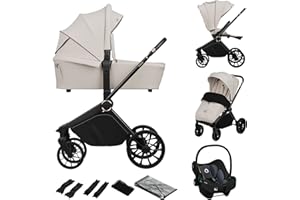 LIONELO MIKA PLUS 3 en 1 Silla de Paseo Bebe 0-48 meses a 22 kg Capazo hasta 9 kg Silla de Coche Portabebés hasta 13 kg, Respaldo Ajustable, Suspensión, Ruedas 360° Capota XXL Carrito de Bebe (Beige)