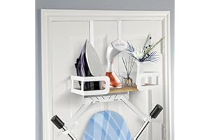 OurLeeme Ironing Board Hanger, Iron Holder Wall Mount Ironing Board Holder with Large Wooden Storage Basket and Removable Hooks for Laundry Room - Holds Iron Spray Bottle Board, White