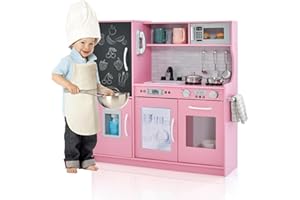 RELAX4LIFE Cucina Giocattolo per Bambini, Gioco Cucina in Legno con Frigo con Lavagna, Microonde, Forno, Macchina per il Ghiaccio, Mini Cucina per Bambini 3-6 Anni (82 x 24 x 80 cm, Rosa), XT54560T-1
