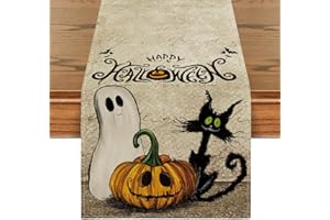 Artoid Mode Jack mit Der Farol Geist Black Cat Calabaza Halloween Camino de Mesa Mesa Lavable Moderna Cocina Comedor decoración para Interior y Exterior Vacaciones Fiesta salón decoración 40 x 140 cm