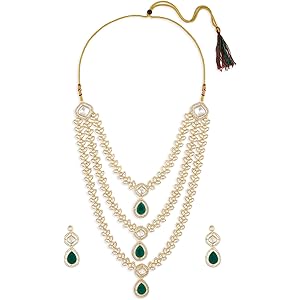 ZAVERI PEARLS Green Dazzling Stones Austrian Diamonds Embellished Layered Necklace & Earring Set For Women-ZPFK18891