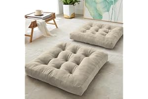 DAWNTREES Floor Pillow Set of 2, Square Large Pillows Seating for Adults, 55x55x10 cm Gray Tufted Corduroy Cushions for Outdoor Yoga Tatami Fireplace Living Room, Beige