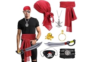 Lvefyti 8 Stück Piraten Kostüm Zubehör Damen Herren, Piraten Augenklappen Piraten Kopftuch Creolen Halskette Armband Goldenen Totenkopfring Piratensäbel für Karneval Halloween Cosplay Mottoparty