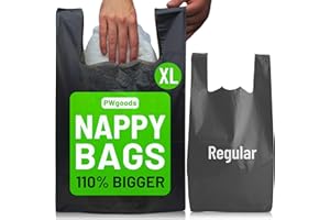 PWGOODS Extra Large Adult Nappy Bags - 160 Pack, 110% Bigger & 20% Thicker Sacks, Easy Tie Handles, Made from 100% Recycled Plastic, Odour Free, Discreet Black, Strong Sanitary Disposal Bag
