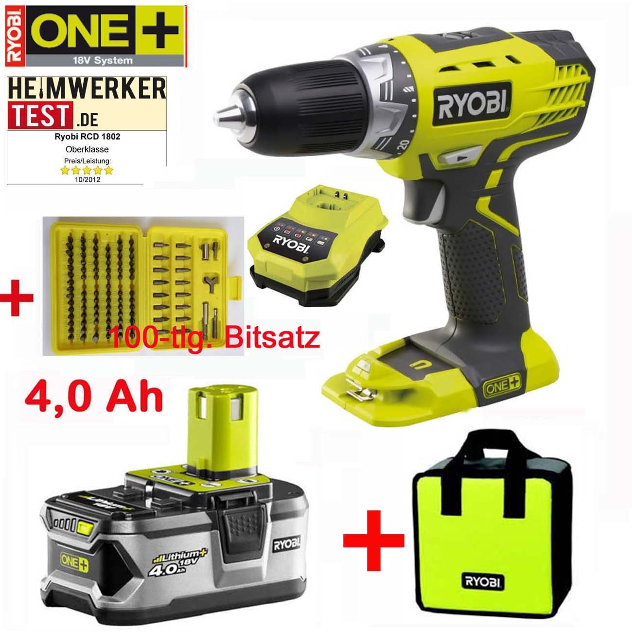 RYOBI 18V ONE+ Akkuschrauber R18DD3 (Nachfolger von RCD 1802 M) inklusive 4,0 Ah Lithium-Ionen-Akku, Schnellladegerät…
