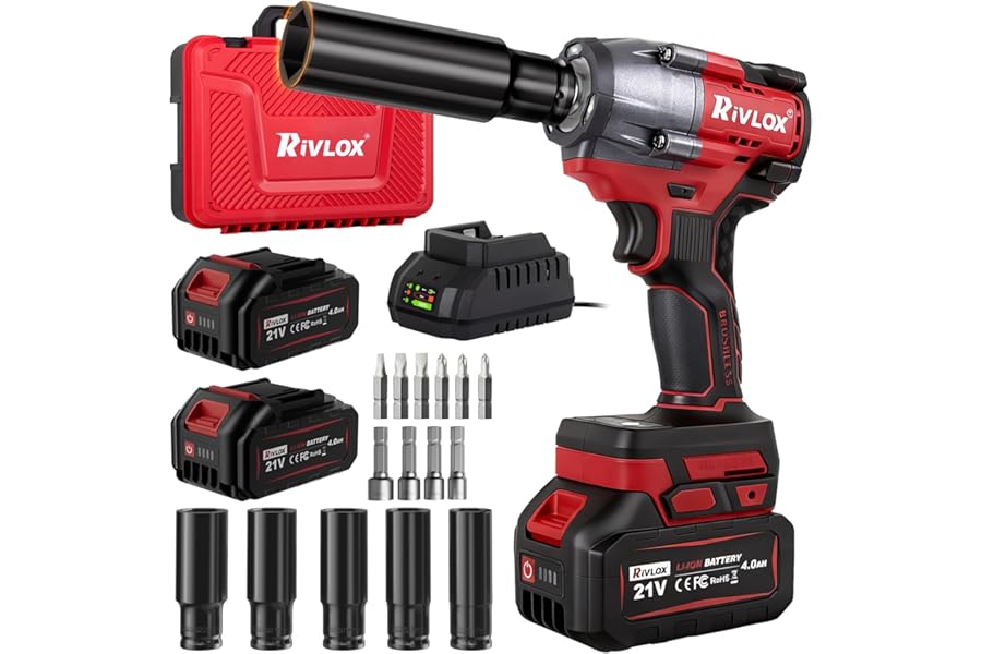 Rivlox Cordless Impact Wrench 800N·m, 1/2inch Brushless High Torque Impact Driver, 2300rpm Impact Gun Kit with 2X 4.0Ah Battery & Charger, Sockets & Tool Case, for Car/Truck Car/DIY Furniture/Home