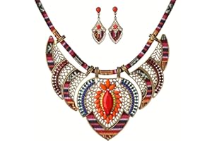 QIAOQI YAZILIND Ethnic Style Chunky Colorful Collar Earrings Festival Tribal Beaded Bib Choker Costume Necklace Jewelry Set