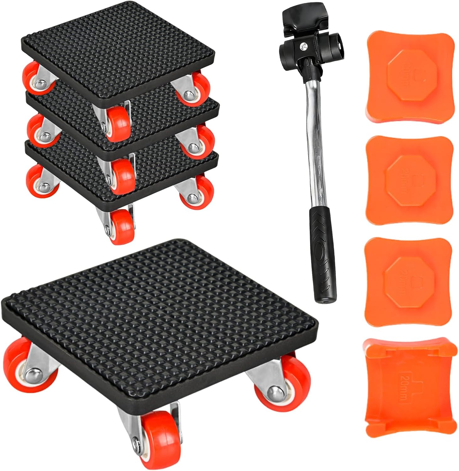 Juego Elevador Muebles Pesados 9 Piezas con Extensión 32 cm, 4 Ruedas Giratorias 360°, Carga Máxima 500 kg, 4 Reguladores Altura, Apto para Transporte Muebles