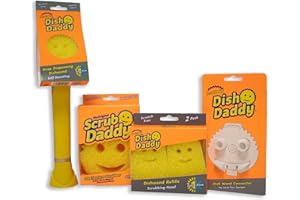 Scrub Daddy Dish Daddy Wand, Cabezales de Repuesto, Esponja y Cabezal Conector, Estropajo con Mango Dispensador de Jabón, Esponja con Textura Cambiante con Mango, Raspador Incorporado, Amarillo