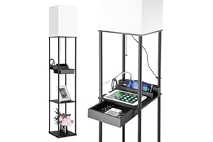 BBHome Lampadaire avec étagère en bois, 3 températures de couleur, 2 ports de charge USB, et 1 tiroir, lampadaire LED à intensité variable, pour salon, chambre à coucher, noir