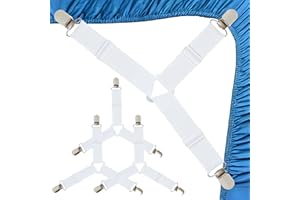 TEUENA 4 Pcs Bed Sheet Clips, Triangle Bed Corner Holder Suspenders Adjustable Mattress Cover Clips in Place Elastic Bands Fitted Bedding Sheet Straps Grippers Fasteners Bedsheet Tie Downs (White)