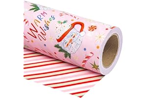 RUSPEPA Carta da regalo natalizia reversibile - Mini rotolo - 43,2 cm x 10 m - Design a tazza e strisce di Babbo Natale per Natale, vacanze, feste