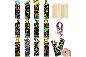 KONXI 24 Stück Kratzbild Lesezeichen,Kinder Lesezeichen Kratzen mit 24 Stück Holzstiften und 24 Stück Bändern DIY Geschenkanhänger für Kinder Studenten Party Bastelbedarf