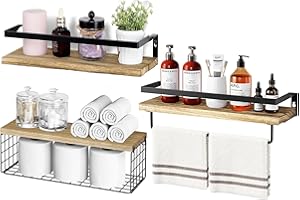 HASA zone Set di 3 Mensole Muro Legno, Mensole Bagno con Porta Asciugamani, Mensole da Parete per Cucina, Bagno, Soggiorno, Studio