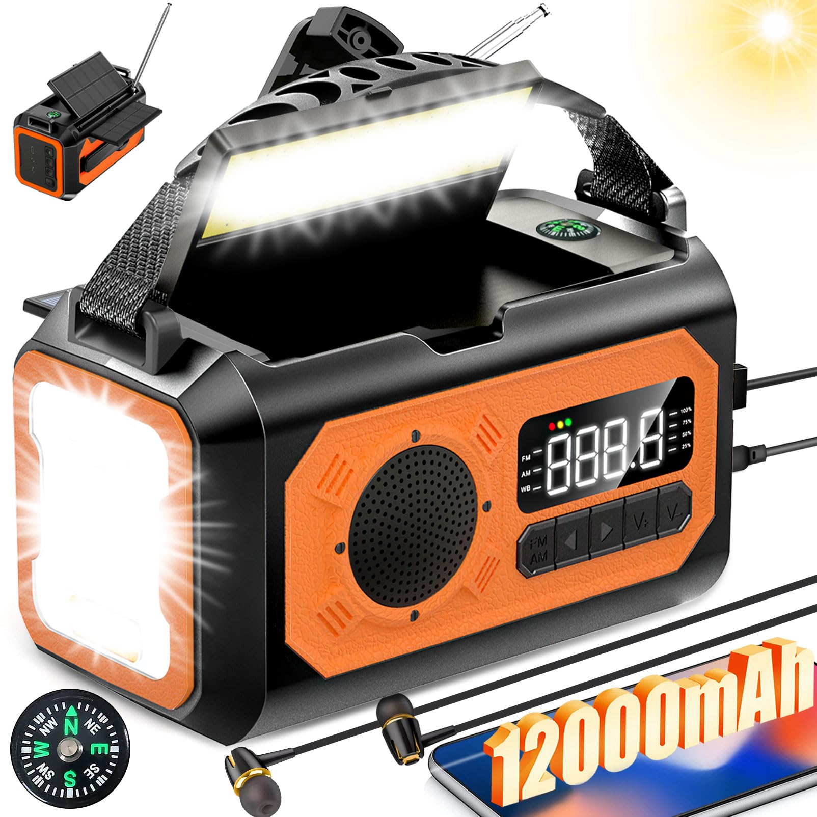 44400mWh/12000mAh Emergency Radio, Hand Crank Portable Solar Radio AM/FM/NOAA Weather Radio with 2 Solar Panels,3 Charging Methods,SOS Alarm,Flashlight,Phone Charger,Compass,Reading Lamp