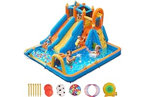 FOOING Aufblasbare Hüpfburg mit 2 Rutschen, Kletterwand & Basketballkorb - Wasserspielburg mit Sicherheitsnetz für Garten, Kindergeburtstage und Sommerpool-Partys