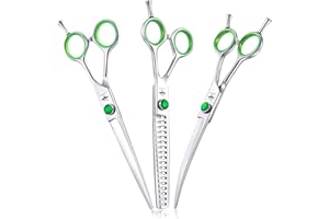 PURPLEBIRD Set de Ciseaux Toilettage Professionnels Ciseaux Désépaissir Chien Poils Long Épais Ciseaux Toilettage Bout Rond Chat Sécurité Inox Incurvé Courbé Ciseaux Poils Animaux Débutant Luxe 7 Pouces Argenté