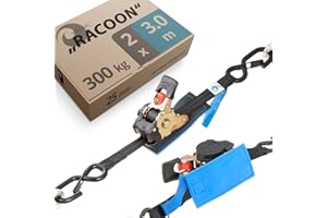 valonic RACOON - retractable ratchet straps with hook - 300 Kg, 3m, 2 pack, protection pad, 25mm, black - tie down straps for motorcycle, motorbike