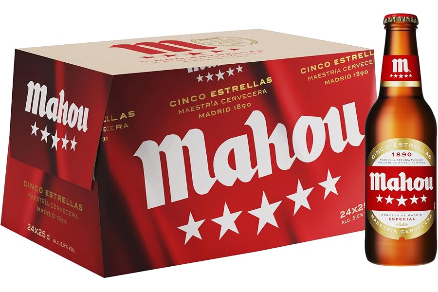 Mahou 5 Estrellas, Pack de 24 Botellas x 25 cl, Cerveza Especial Dorada Lager Con Sabor 5 Estrellas, 5.5% Volumen de Alcohol,