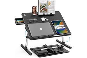 COOPER CASES Cooper Desk Pro Support Ordinateur Portable, Table de Lit Inclinable, Plateau Réglable en Hauteur, Cuir, Multifonctions, Lecture, Tiroir (Noir Minuit)