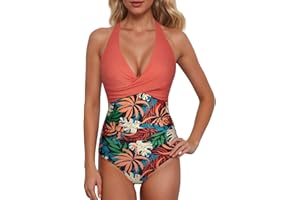 ROLAQDK Womens Swimsuit Tummy Control One Piece Swimsuit Padded Push Up Ruched Swimwear V Neck Cross Swimming Costume Ladies Retro Bathing Suits Halter Push Up Swimsuits Beachwear