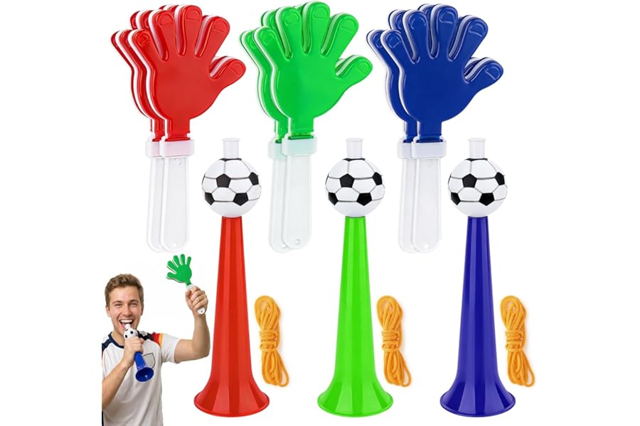 Catephe 3 Pcs Horn Noise Maker with 6 Pcs Hand Clappers, Football Horns, Fan Cheering Horns for Fan Party Favors Soccer Football Party Stadium Carnival Sports Games World Cup