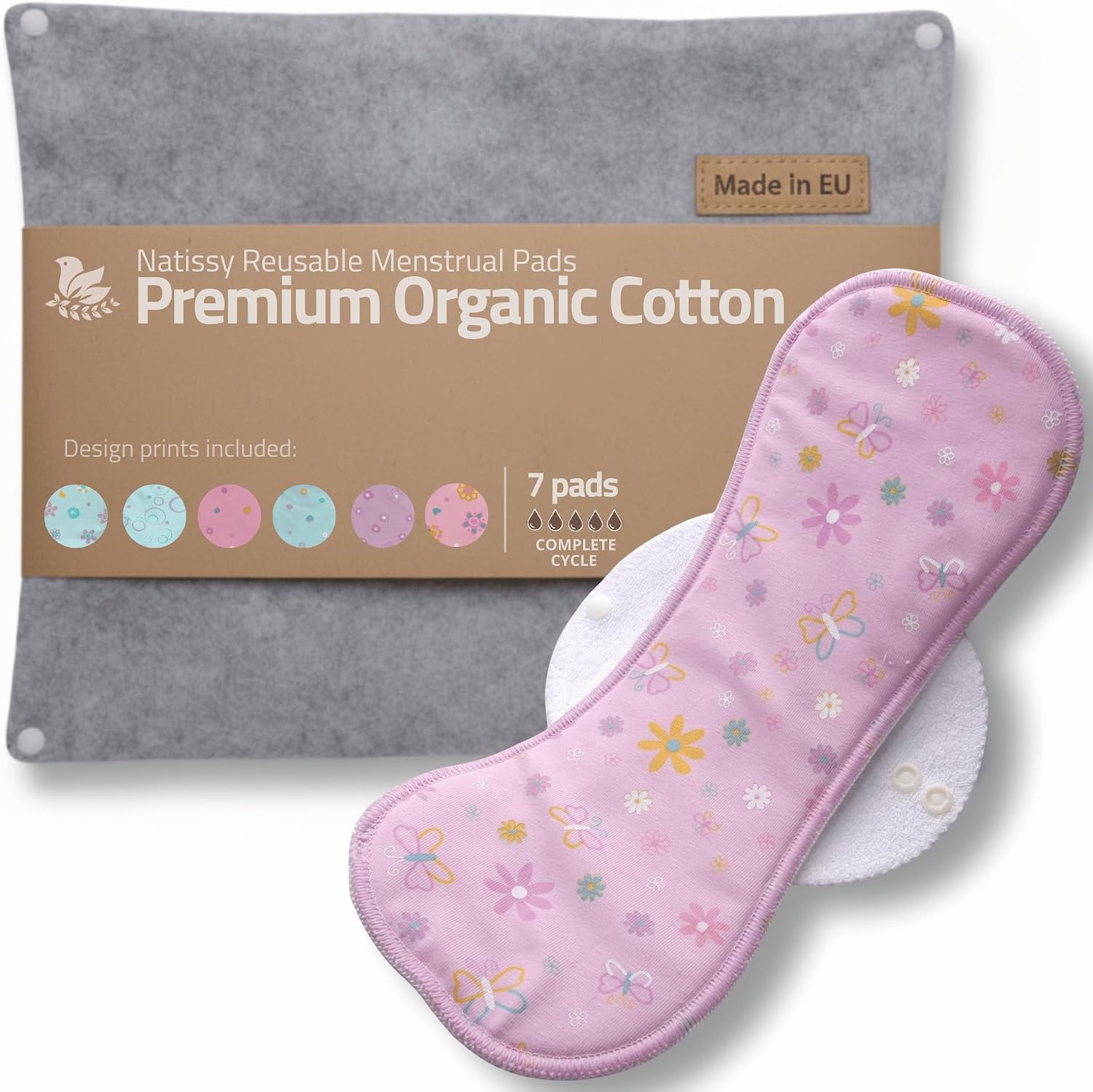 Compresas reutilizables en algodón orgánico para flujo menstrual ligero y abundante (S+M+L+XL, 7 uds); lavables a alta T°, HECHAS EN LA UE; suaves, no irritantes y cómodas, compresas tela para mujeres