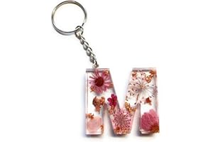 Cotswold Crafts By Emma Personalised Handmade A-Z Letter Keyring with Pink Pressed Flowers and Rose Gold Foil – Custom Keychain Gift or Bag Charm for Women, Men, Kids, Handbags, or Backpacks- Letter M