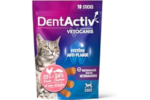 Vetocanis - Dentactiv Stick Dentaire Chat - Friandises pour Chat - Hygiène et Santé - Riche en Viande et Poisson - 55% Poulet, 26% Saumon - Recommandé par Les Vétérinaires - Système Anti-Plaque