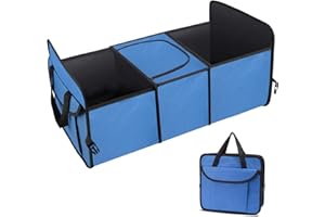 UNIQUEBELLA Organizador Maletero de Coche Plegable Impermeable Bolsa Bolsa Multiusos con Compartimento isotérmico Maletero con 2 Cierres de Ganchos y 3 Compartimentos (Azul)