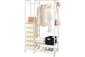 PACHIRA E-COMMERCE PACHIRA Clothes Rack With Wheels, Shoe Rack & Hanging Hooks For Hats And Bags, 3 In 1 Coat Rack with Clothes Rail & Storage Cabinet, Open Wardrobe, Freestanding Rolling Clothes Rack Garment Rack