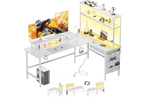 HLONONE L-format Gamingbord med LED & Höjdhylla, 150 x 100 cm, Vitt