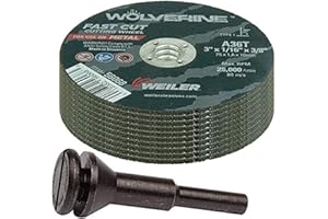 Weiler 56089 Die Grinder Cut-Off Wheel and Mandrel Kit Including 56490 Mandrel and 3-Inch x 1/16" Wolverine T1 Thin Wheels, A36T, 3/8" AH (1 Mandrel and 10 Cutting Discs)