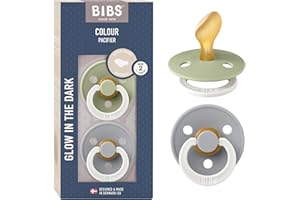 BIBS Colour Anatomical Glow Paquete de 2 chupetes. Libre de BPA, Pezonera anatómica. Látex natural. Talla 2 (6-18 meses), Sage Glow/Cloud Glow