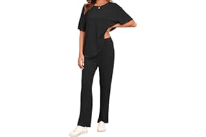 Famulily Ribbed Clothes Sets for Women Oversized Short Sleeve Tops and Wide Leg Trousers with Pockets, 2 Piece Outfits Tracksuits Loungewear Sleepwear
