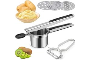 LROCOTANC Kartoffelpresse Spätzlepresse Edelstahl Kartoffelpresse mit 1 Sparschäler und 3 Austauschbare Spätzlesieb Rutschfestem Silikongriff Spülmaschinenfest für Obstsäfte Gemüsebrei Flauschige Kartoffelpüree