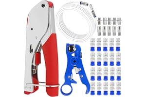 QLOUNI Kit de Alicate Crimpador para Cable Coaxial con Conectores F, Incluye Alicate RG6, 2m Cable y 20 Conectores F, Crimpzange Profesional para TV Satélite, STB y Antenas